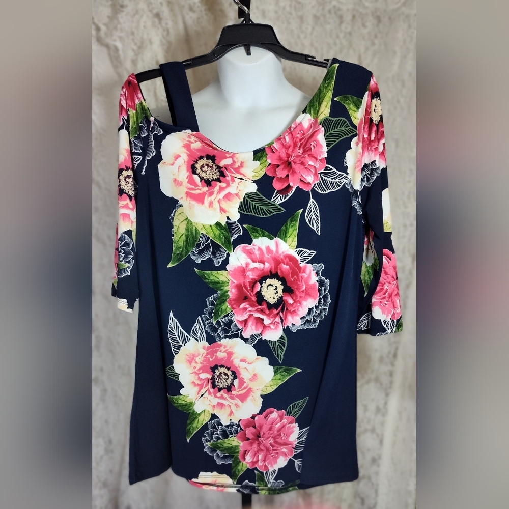 JM Collection Navy Red Floral Blouse One Cold Shoulder NWOT